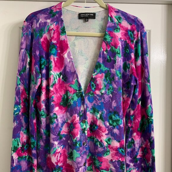 Jones New York Women's Multi-Color Floral Button-Down Sweater, Size L - Picture 1 of 6